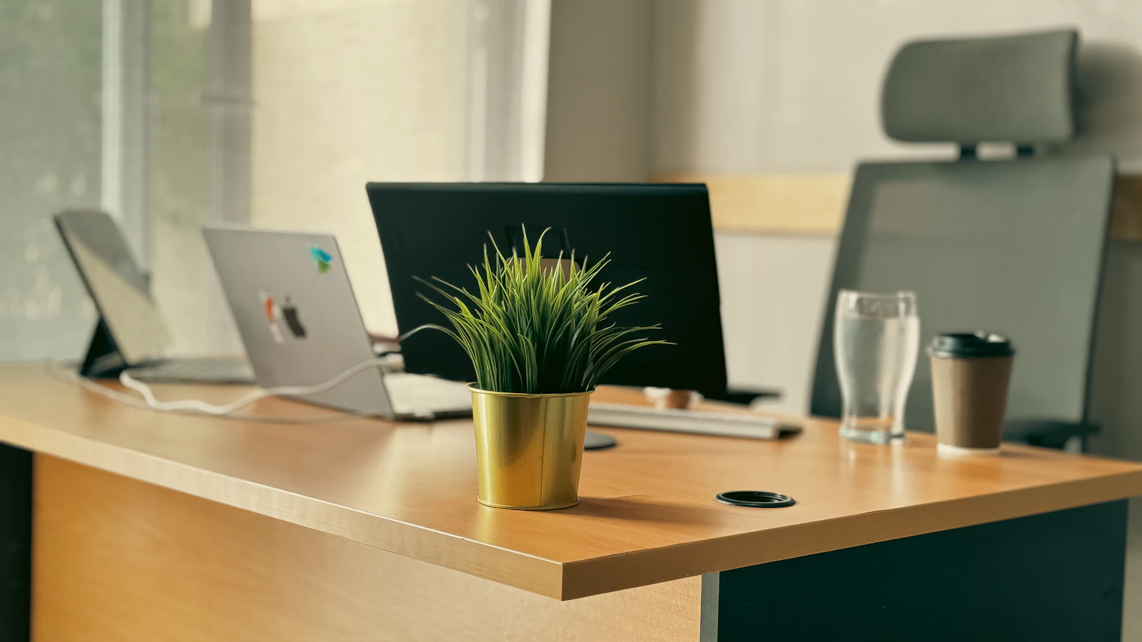A quiet desk by a window with a laptop and a potted plant