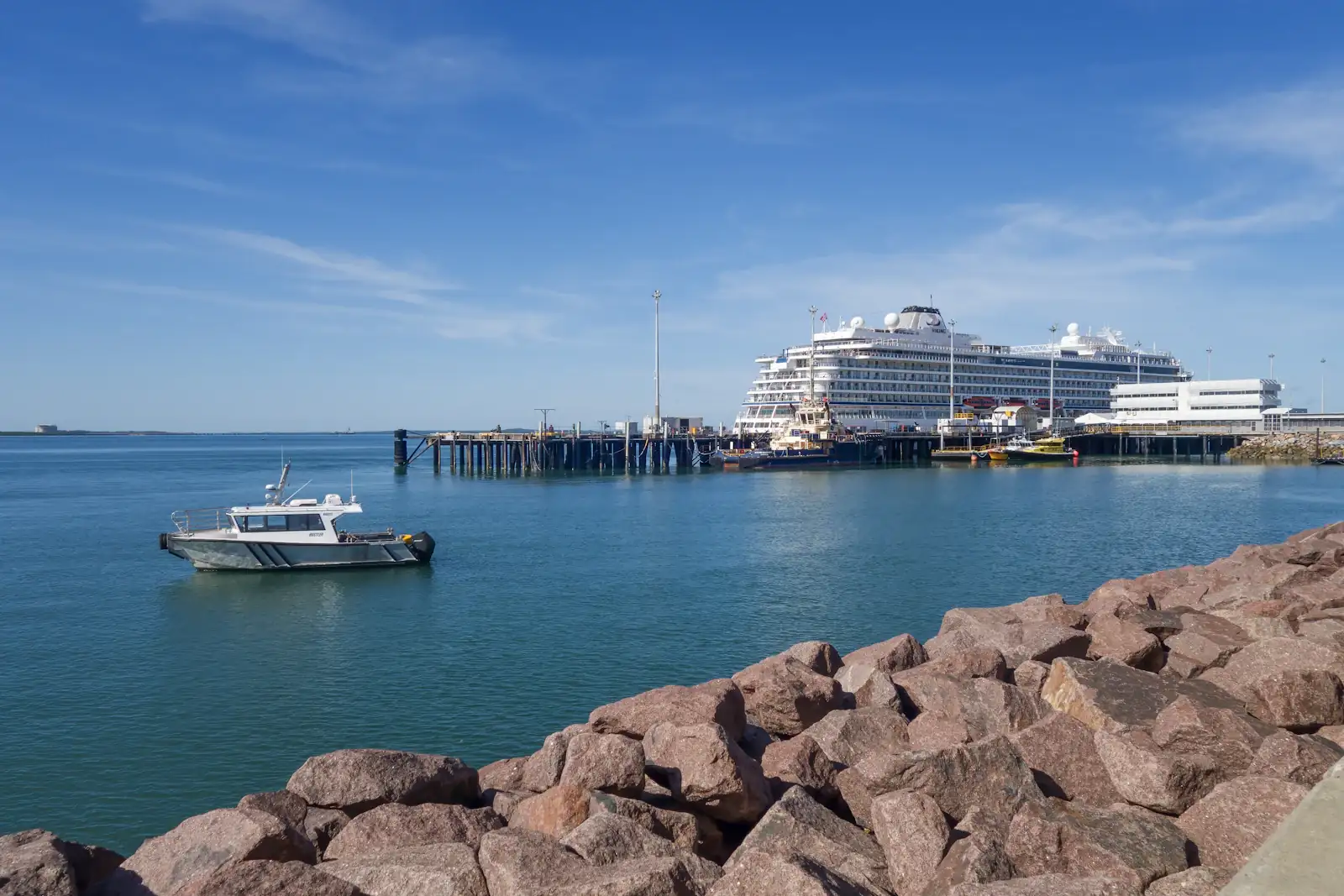 The Darwin waterfront with a ship at the wharf