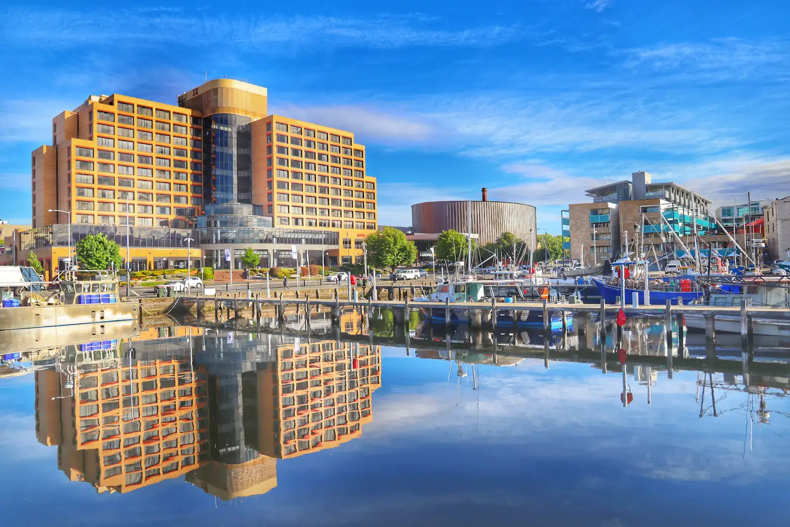 Hobart waterfront buildings reflected in the harbour